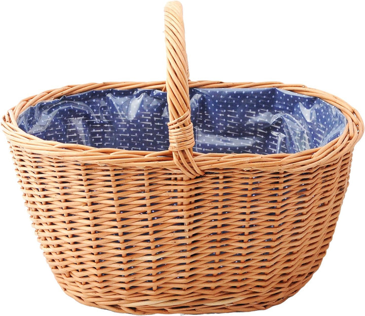 Grosser Einkaufskorb / Autokorb aus Weide mit Henkel und Stoffeinlege in Blau mit punkten oval Typ