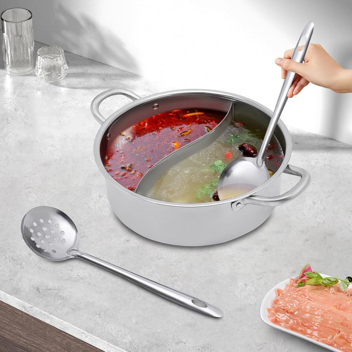 28cm Edelstahl Hot Pot Shabu Kocher Kochgeschirr Doppelseitig mit Suppenkellen & Deckel 2 Grid Shabu