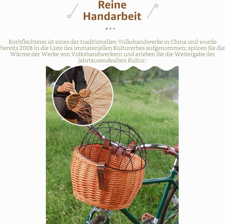 Fahrrad-Haustierkorb, Fahrradkorb aus Weidengeflecht für Kleine Hunde, Katzen, Vorderkorb mit Drahtg