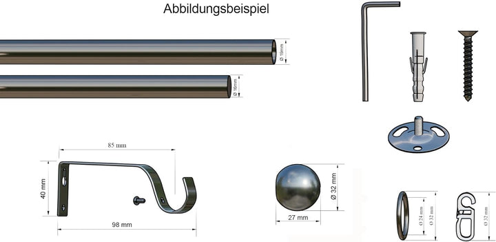 Tilldekor Komplettset, ausziehbare Gardinenstange Formentor, edelstahl-optik, Ø 16/19 mm, 1-Lauf, 12