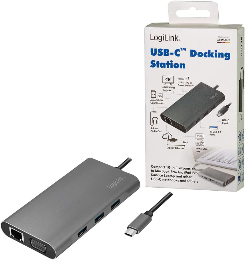 LogiLink UA0383 - USB 3.2 (Gen 1) Dockingstation mit 10-Ports und PD (Power Delivery) 100W, 1x USB-C