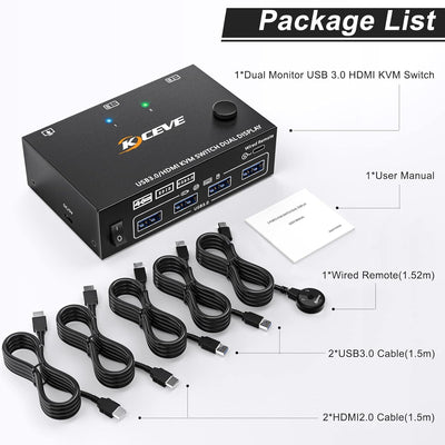 USB 3.0 KVM Switch 2 Computer 2 Monitore, HDMI KVM Umschalter Dual Monitore Mit EDID-Funktion, Unter