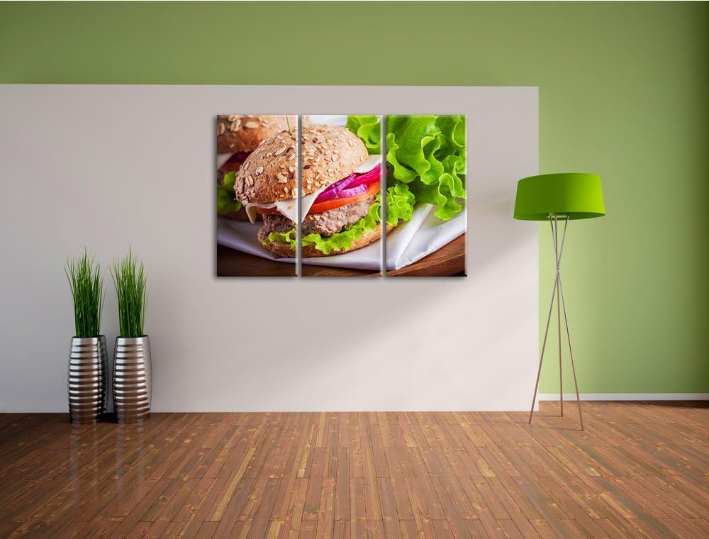 Pixxprint Köstlicher Hamburger als 3-Teiler Leinwandbild 120x80 Bild auf Leinwand