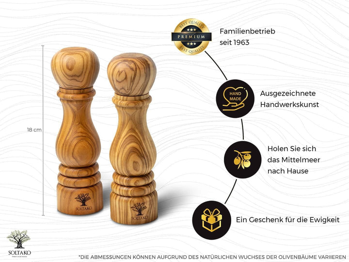 SOLTAKO Olivenholz Salz- und Pfeffermühlen 2er Set "Fleur De Sel", Pfeffer und Salzmühle aus Oliven