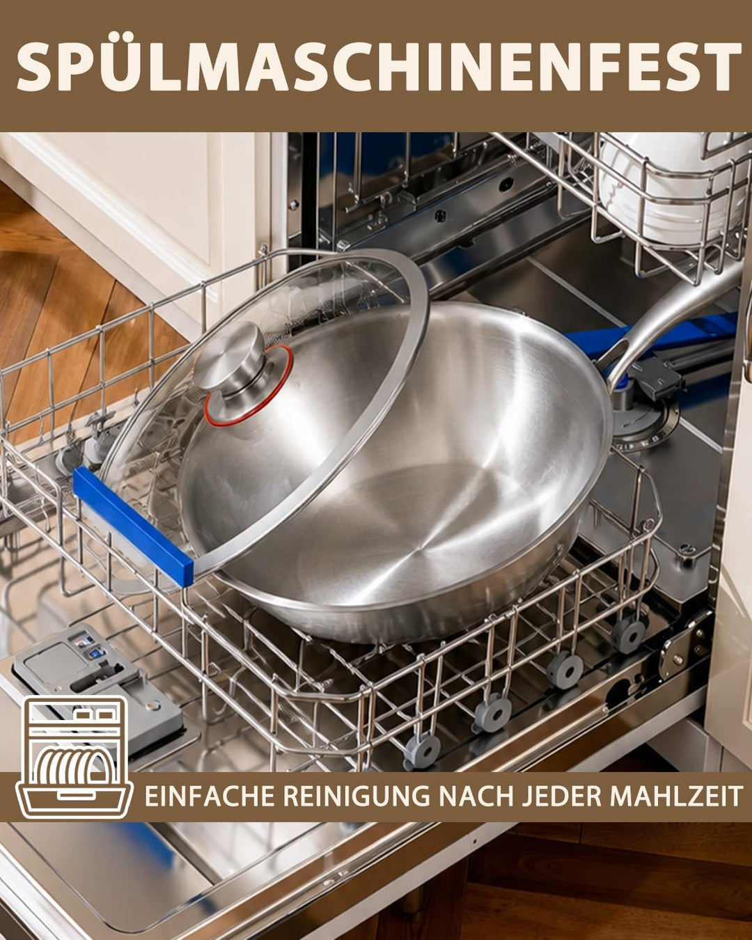 LOLYKITCH Wok 30 cm, unbeschichtete Edelstahl-Wokpfanne mit Glasdeckel | Abnehmbarer Griff | Tri-Ply