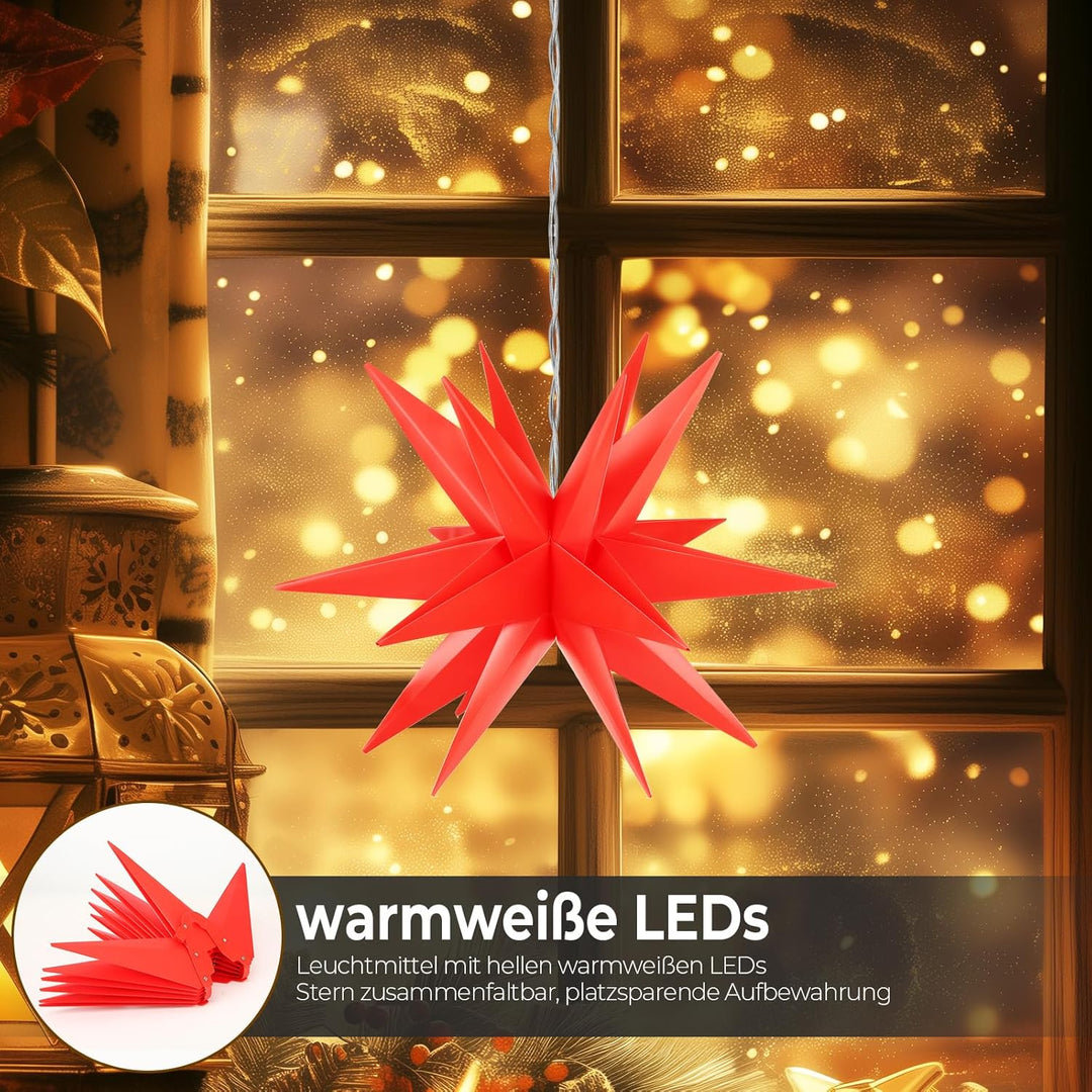 OVILUM Leuchtstern 3D mit LED Beleuchtung | rot | |Ø 57 cm| 3D Stern mit 18 Spitzen | wetterfest | G