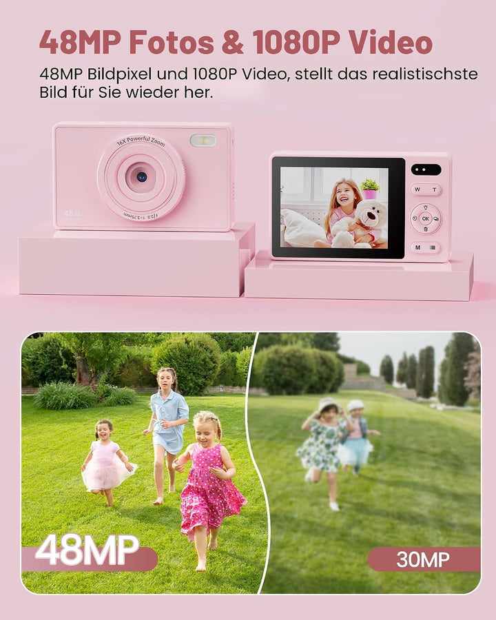 64GB Digitalkamera Kinder Fotokamera: 48MP Anti-Shake Kinderkamera Foto Vlogging Fotoapparat 16X Dig