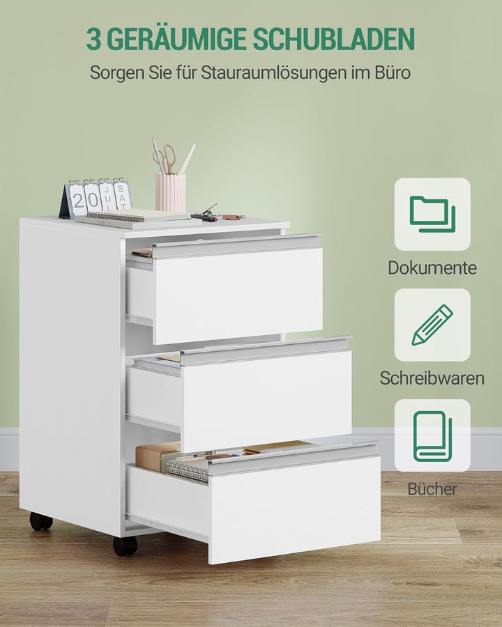 Hzuaneri Rollcontainer 40x40x65.5cm 3 Schubladen weiss | Mobil, 3 Schubl., stabil. Für A4/Letter. Bü