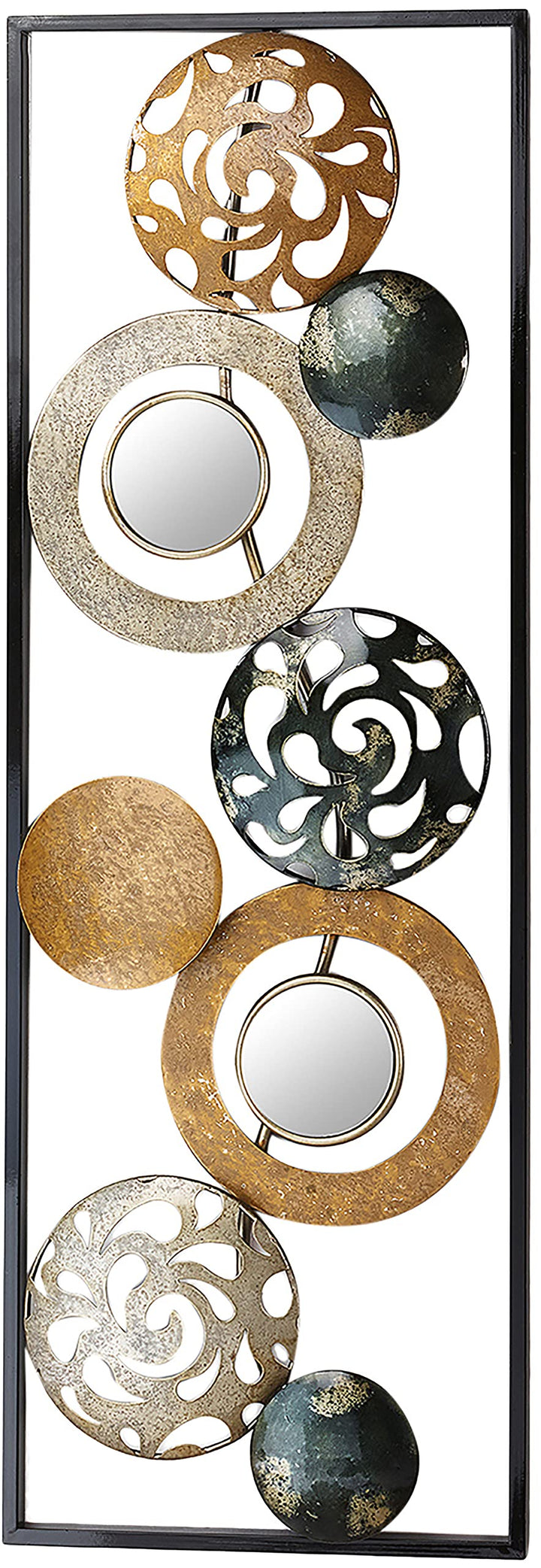 Kobolo Metall-Wandbild Wanddeko Metallbild - mit Ringen, Kreisen und Spiegeln - 90x31 cm