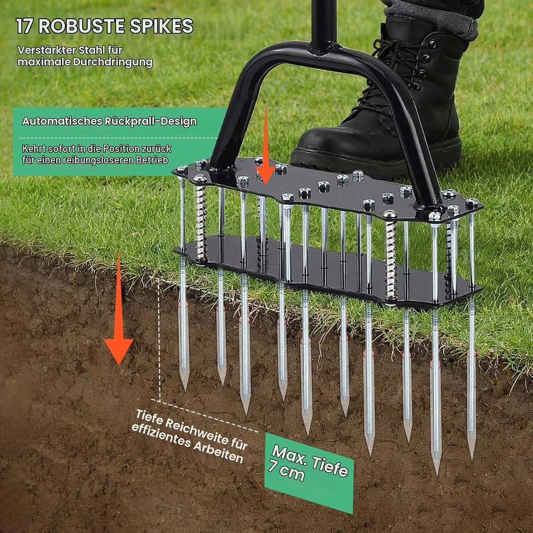 Rasenlüfter Spike, Metall Manuelle Vertikutierung Boden Belüftung Rasen mit 17 Eisen Spikes, Manuell