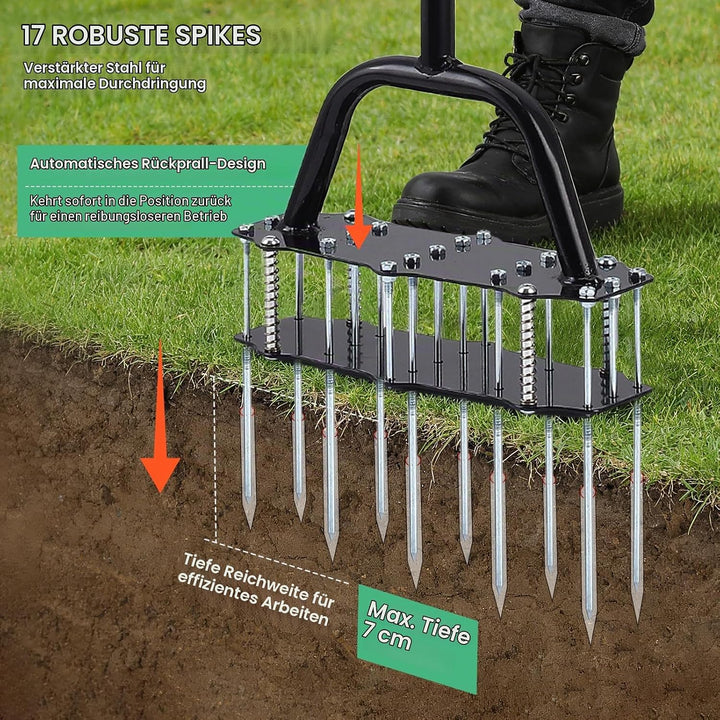 Rasenlüfter Spike, Metall Manuelle Vertikutierung Boden Belüftung Rasen mit 17 Eisen Spikes, Manuell
