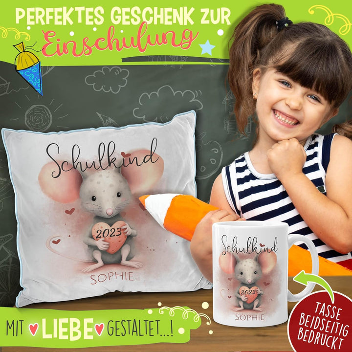 Einschulung Geschenke-Set - Schulkind mit Name und Jahr personalisiert - Maus, personalisierte Gesch