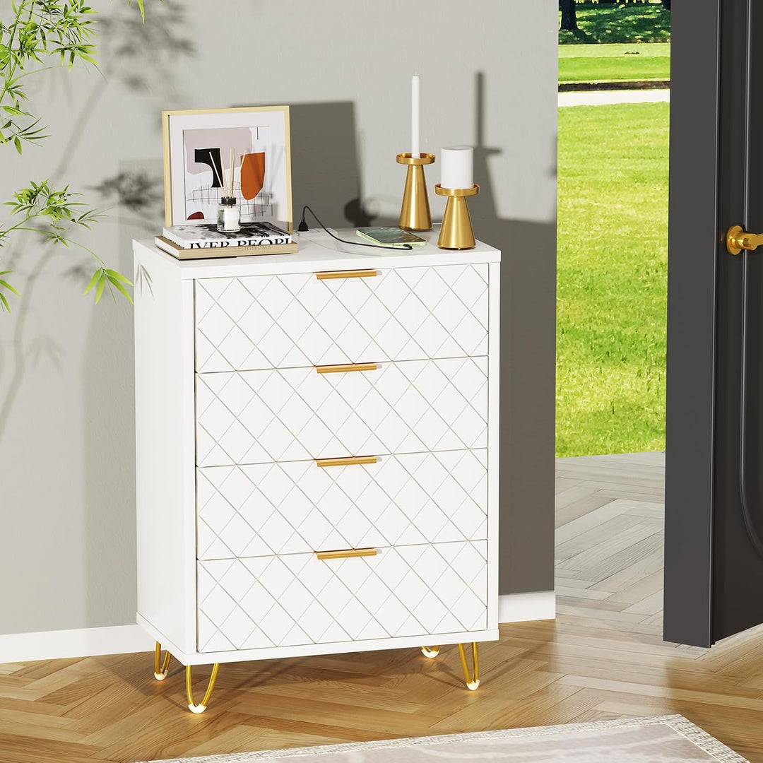 Nachttisch Weiss mit Ladestation, 2er Set, Nachtschrank mit 4 Schublade, 2 AC-Steckdosen, 2 USB-Ansc