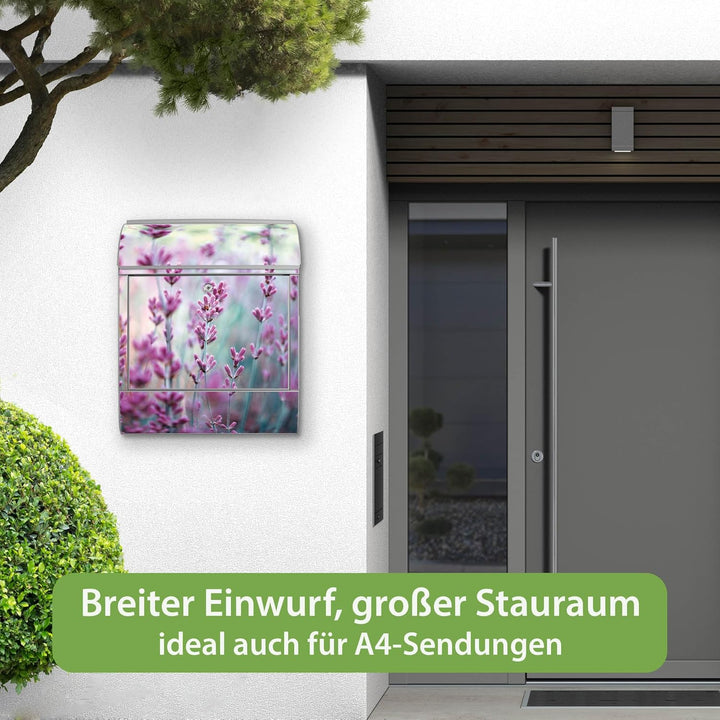 banjado® Design Briefkasten mit Motiv Lavendel 39x47x14cm &amp; 2 Schlüssel - Briefkasten Stahl Silber m