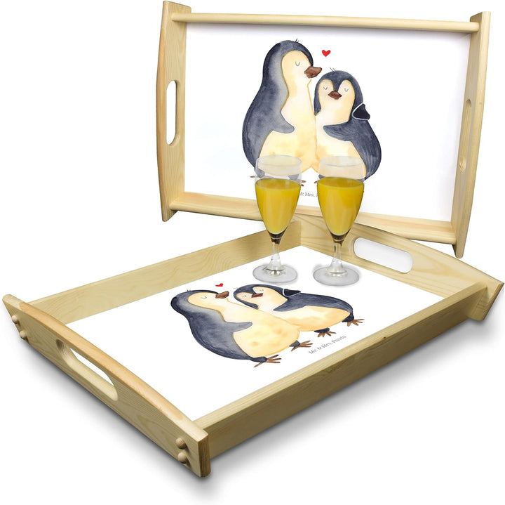 Mr. & Mrs. Panda Serviertablett Pinguin umarmend - Geschenk, Holztablett, Frühstückstablett, glückli