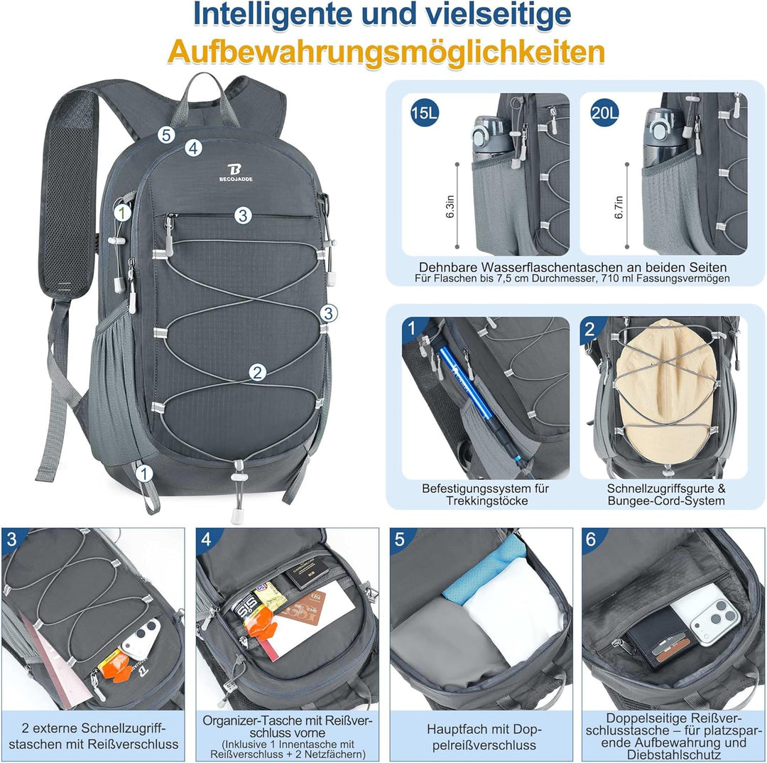 BECOJADDE 20L Kleiner Wanderrucksack Tagesrucksack Herren Damen Leichter Faltbarer Rucksack mit Brus