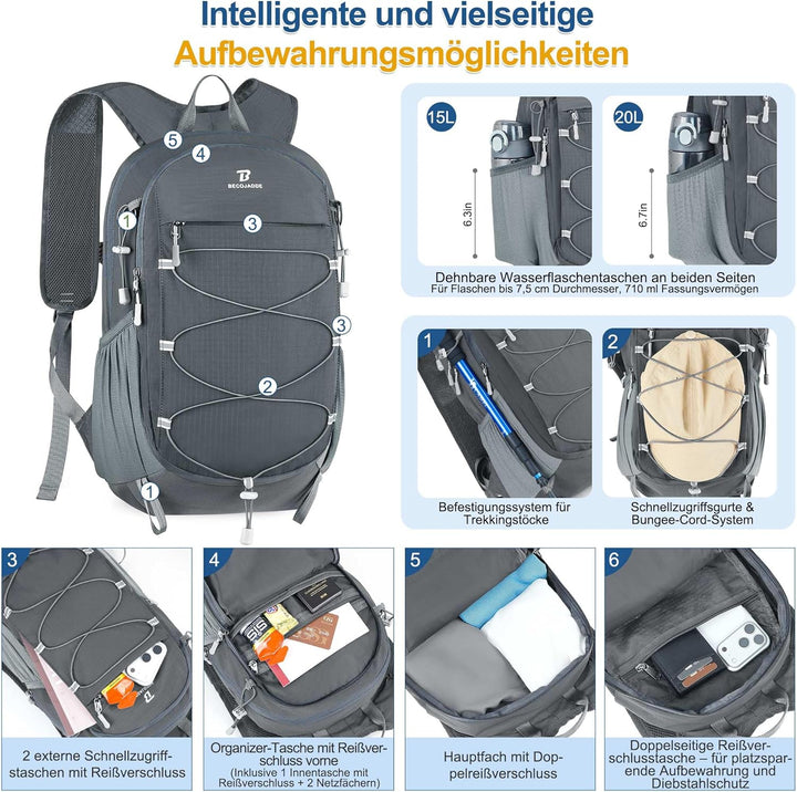 BECOJADDE 20L Kleiner Wanderrucksack Tagesrucksack Herren Damen Leichter Faltbarer Rucksack mit Brus