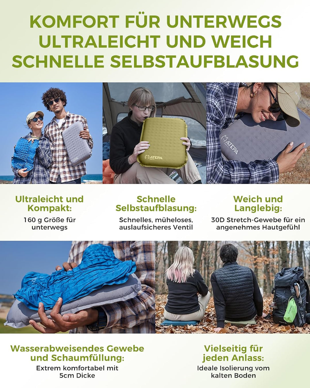 ATEPA Sitzkissen Outdoor, Faltbar Aufblasbar Stadion Flugzeug Unterwegs Camping Wander Bürostuhl Ult