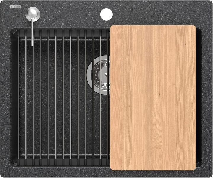 VBChome Set Spülbecken mit Armatur 60 x 50 cm Schwarz Spülmittelspender Siphon Matte Planke Granit S