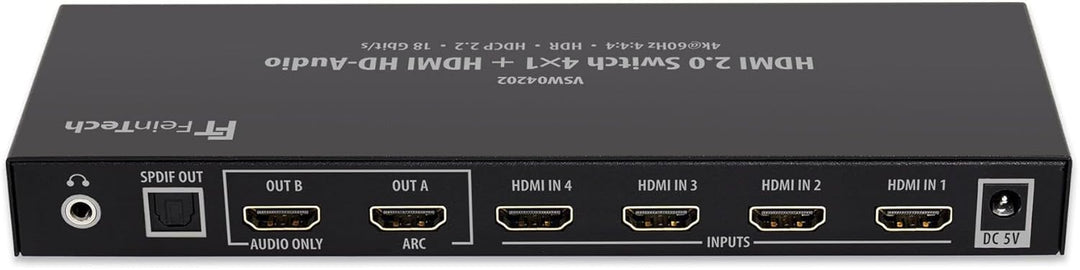 FeinTech VSW04202 HDMI 2.0 Switch 4x1 HD-Audio Extractor 7.1 ARC 4K 60Hz HDR CEC 4x1 Switch + Audio-