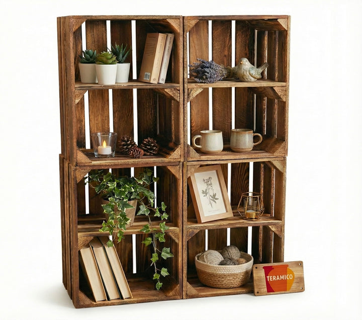Teramico Vintage Holzkisten 40 x 30 x 25cm geflammt | Weinkisten &amp; Obstkisten | Set-Angebote (4er Se