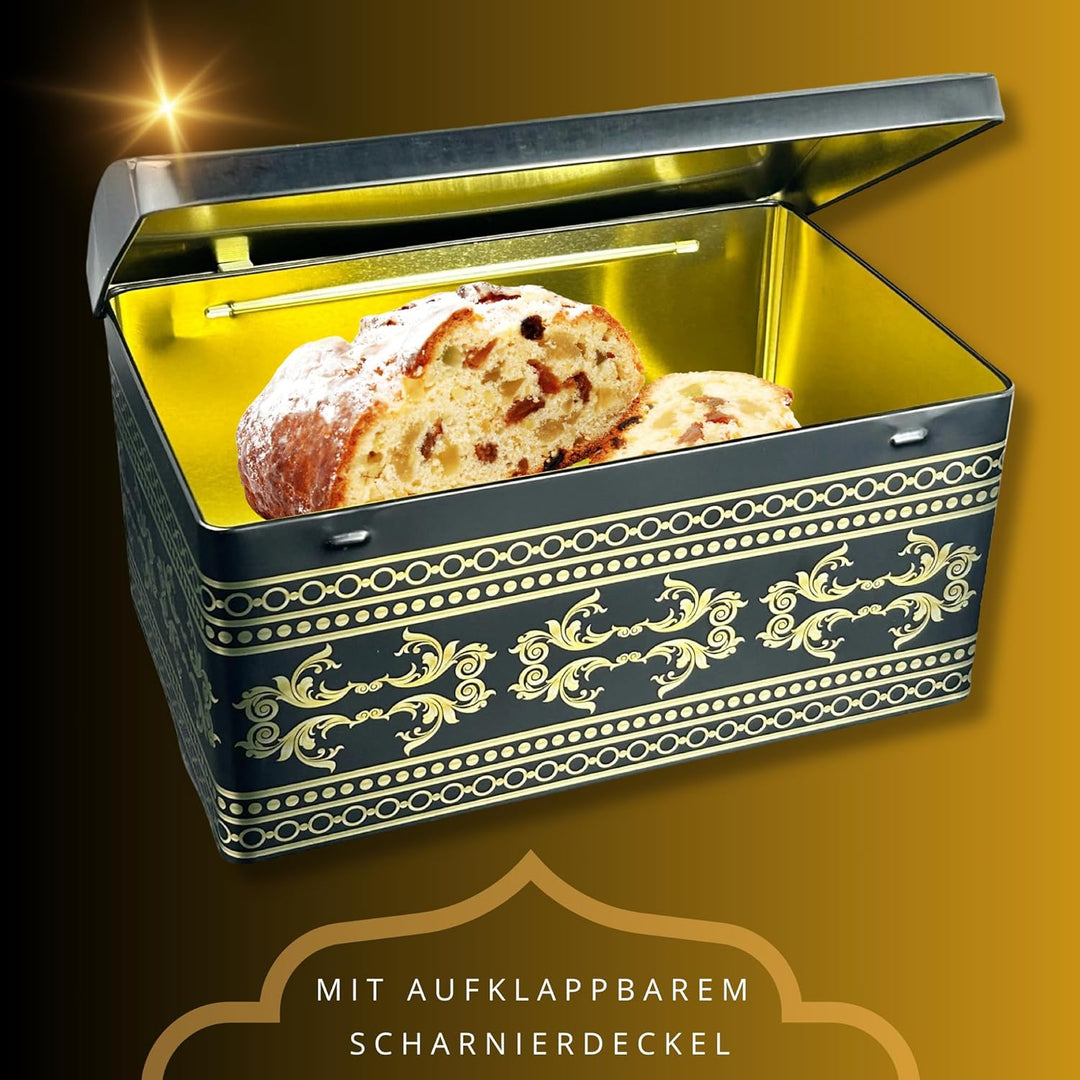 Grosse Ornament Truhe - schwarze Stollendose mit goldfarbenen Ornamenten - lebensmittelecht - Aufbew