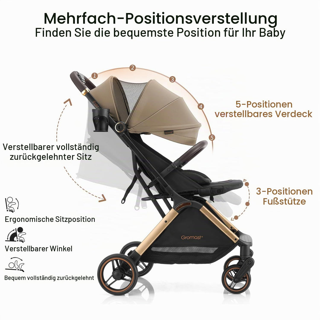 Gromast Gravity Faltbarer Kinderwagen, Tragbarer Reise-Kleinkindbuggy Mit Verstellbarer Rückenlehne