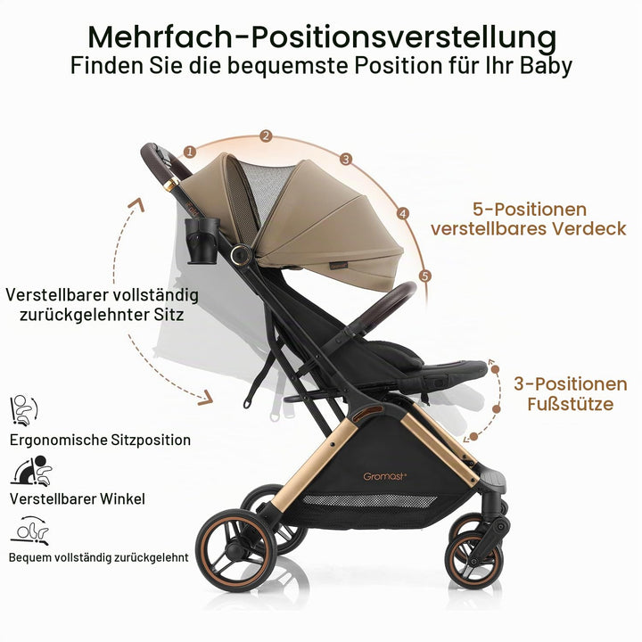 Gromast Gravity Faltbarer Kinderwagen, Tragbarer Reise-Kleinkindbuggy Mit Verstellbarer Rückenlehne