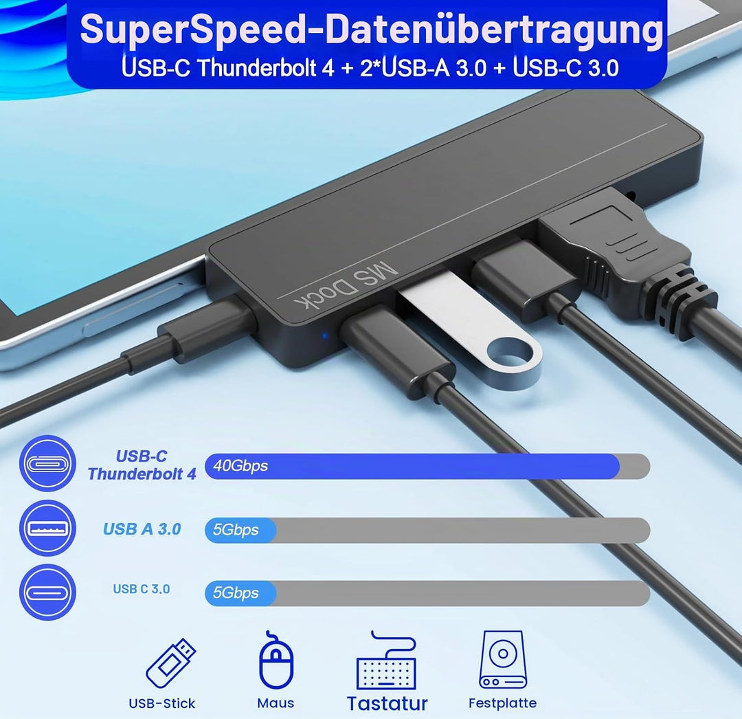 Surface Pro 11/10/9/8/X Docking Station – Surface Pro 9/10/11 Adapter mit 4K HDMI, Thunderbolt 4 (8K