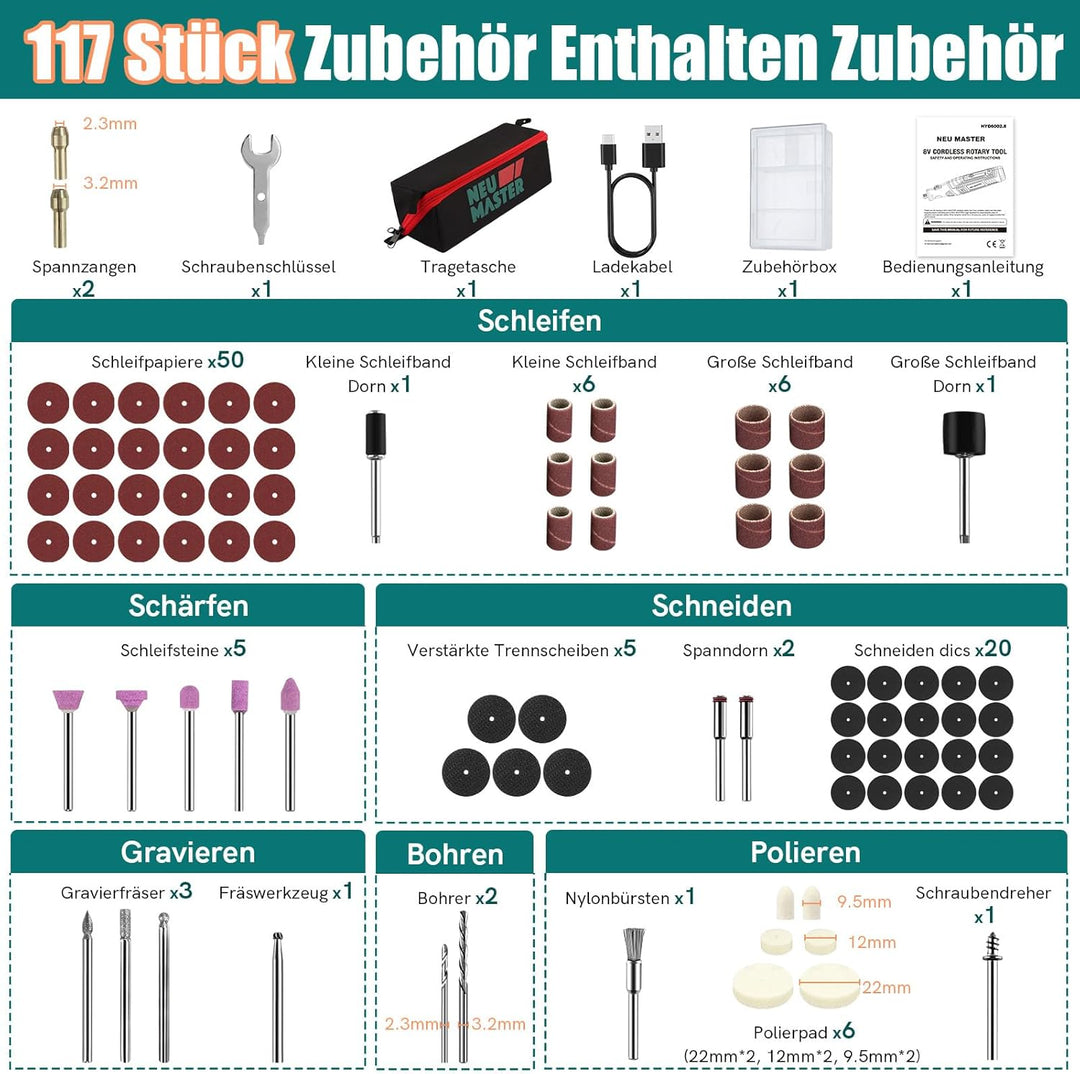 Multifunktionswerkzeug Akku - NEU MASTER 8V 2.0Ah Akku Rotationswerkzeug mit 117 Stück Zubehör, LED