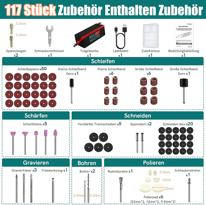 Multifunktionswerkzeug Akku - NEU MASTER 8V 2.0Ah Akku Rotationswerkzeug mit 117 Stück Zubehör, LED