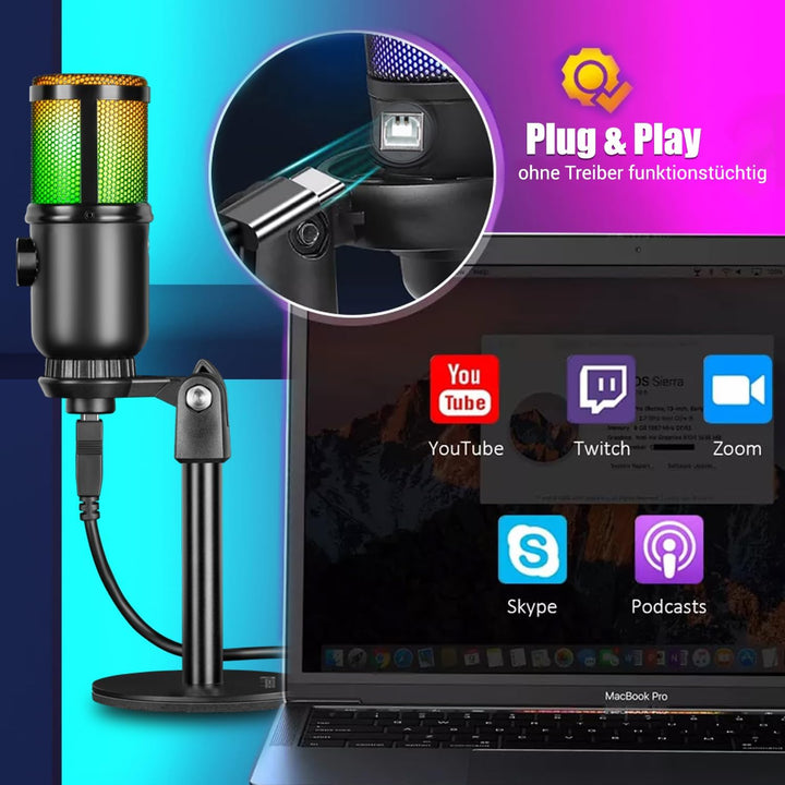 Defender Gaming Mikrofon PC RGB mit Ständer, Streaming Podcast Studio, USB Microphone für PC, Mit 3,