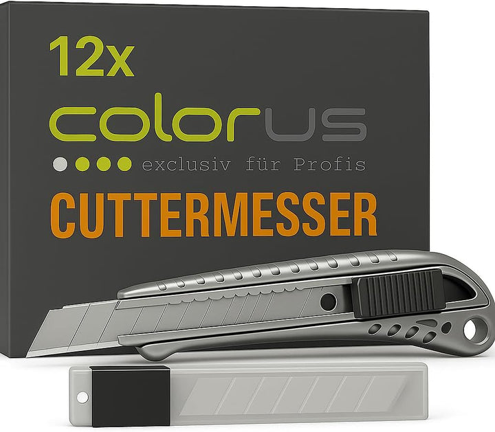 12 x Premium Colorus Alu Druckguss Cuttermesser 18mm inklusive 10 x Abbrechklingen | Teppichmesser k