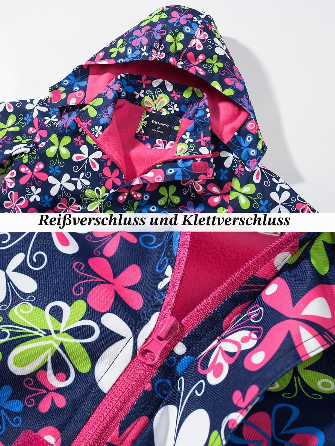 SERENYOU Mädchen Übergangsjacke Gefütterte Regenjacke mit Abtrennbare Kapuze 110 Schmetterlinge, 110