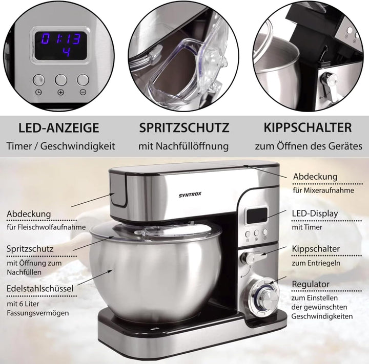 Syntrox Küchenmaschine Schwarz, Edelstahl 7 Liter Küchengerät & Fleischwolf, Zubehör für Teig und Cr