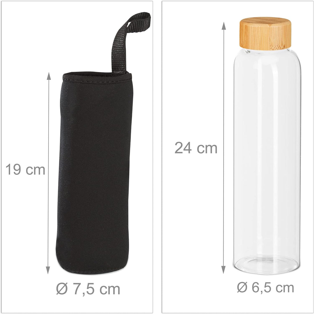 Relaxdays Trinkflasche mit Bambusdeckel, 6er Set, 500 ml, Wasserflasche mit Hülle, Borosilikatglas,