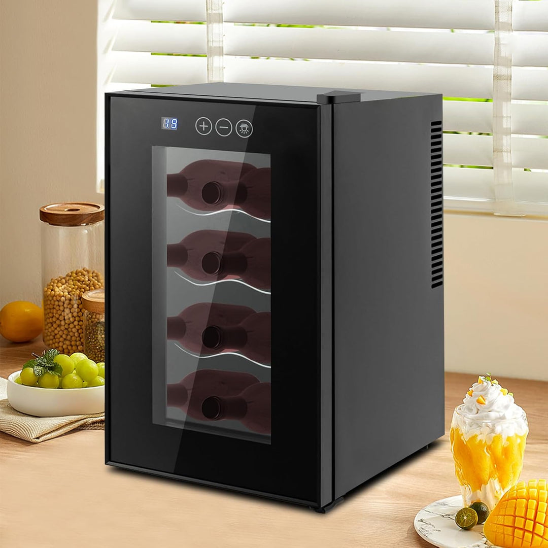 Elektrischer Weinkühlschrank 8 Flaschen,8-18 ℃ Digitaldisplay LED-Licht | Weinkühlschrank Vollglas-D