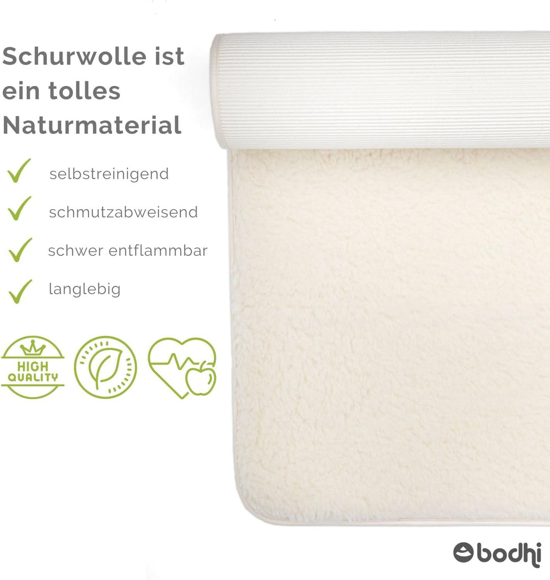 bodhi Schurwoll-Yogamatte Premium (umgesäumt) | Natur | Schurwollmatte | 100% Schafschurwolle (1200
