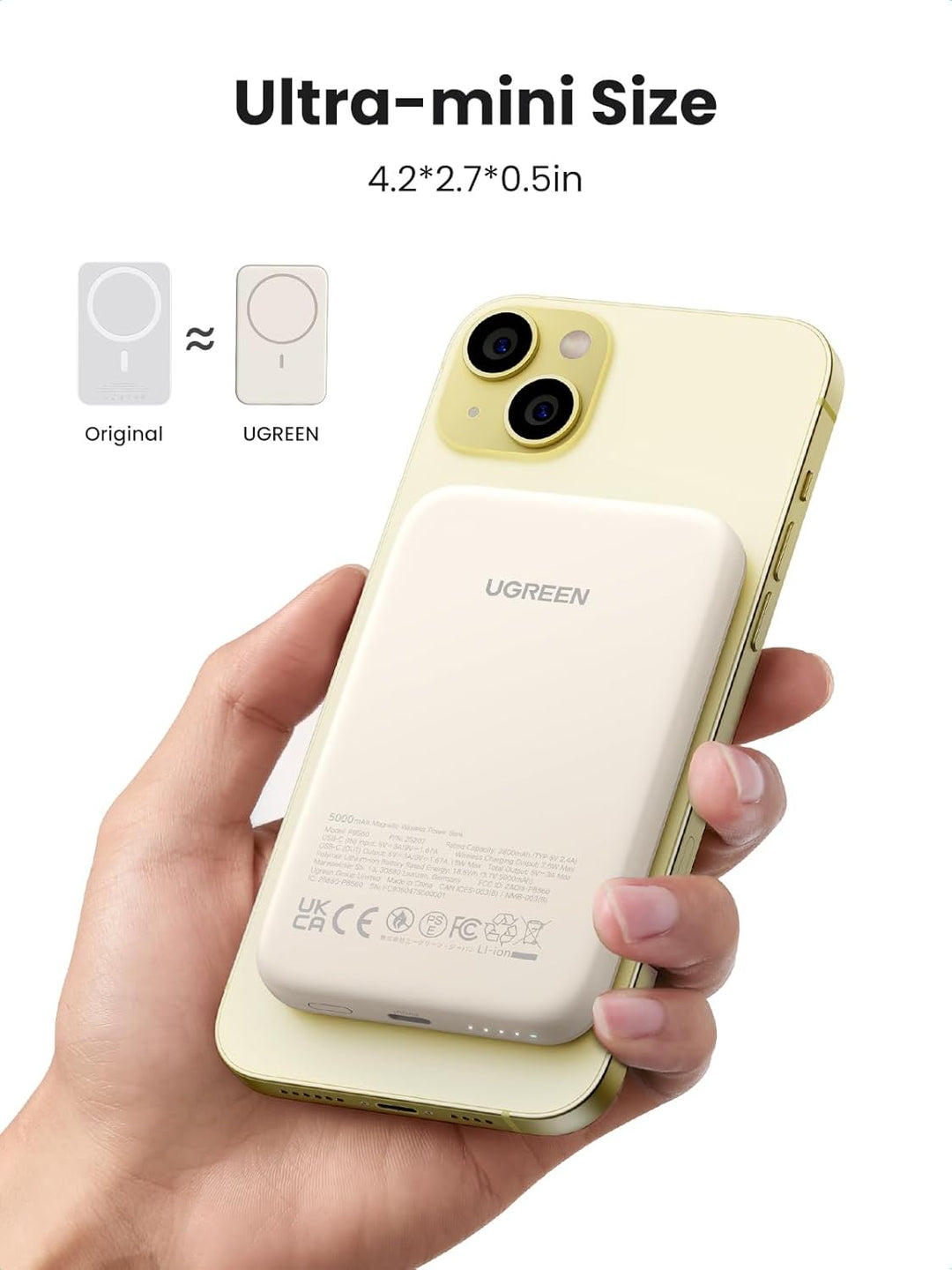 UGREEN Nexode Wireless Powerbank 5000mAh Magnetische Power Bank mit USB-C Schnellladefunktion, Kabel