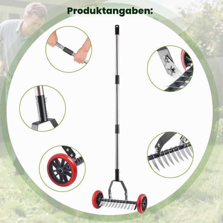 Hand-Vertikutierer mit 40 cm Arbeitsbreite, 12 Edelstahlmessern, Vertikutierer mit leichtlaufenden R
