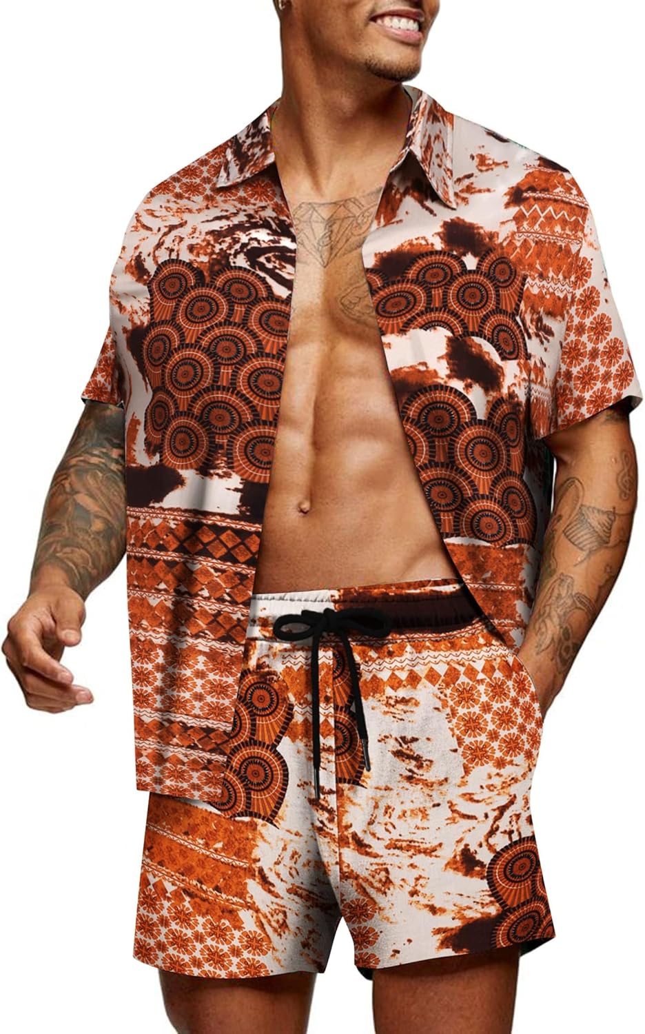 COOFANDY Herren Hemd Kurzarm Sommerhemd Floral Hawaiihemd Flamingo Party Hemden und Shorts Set Stran