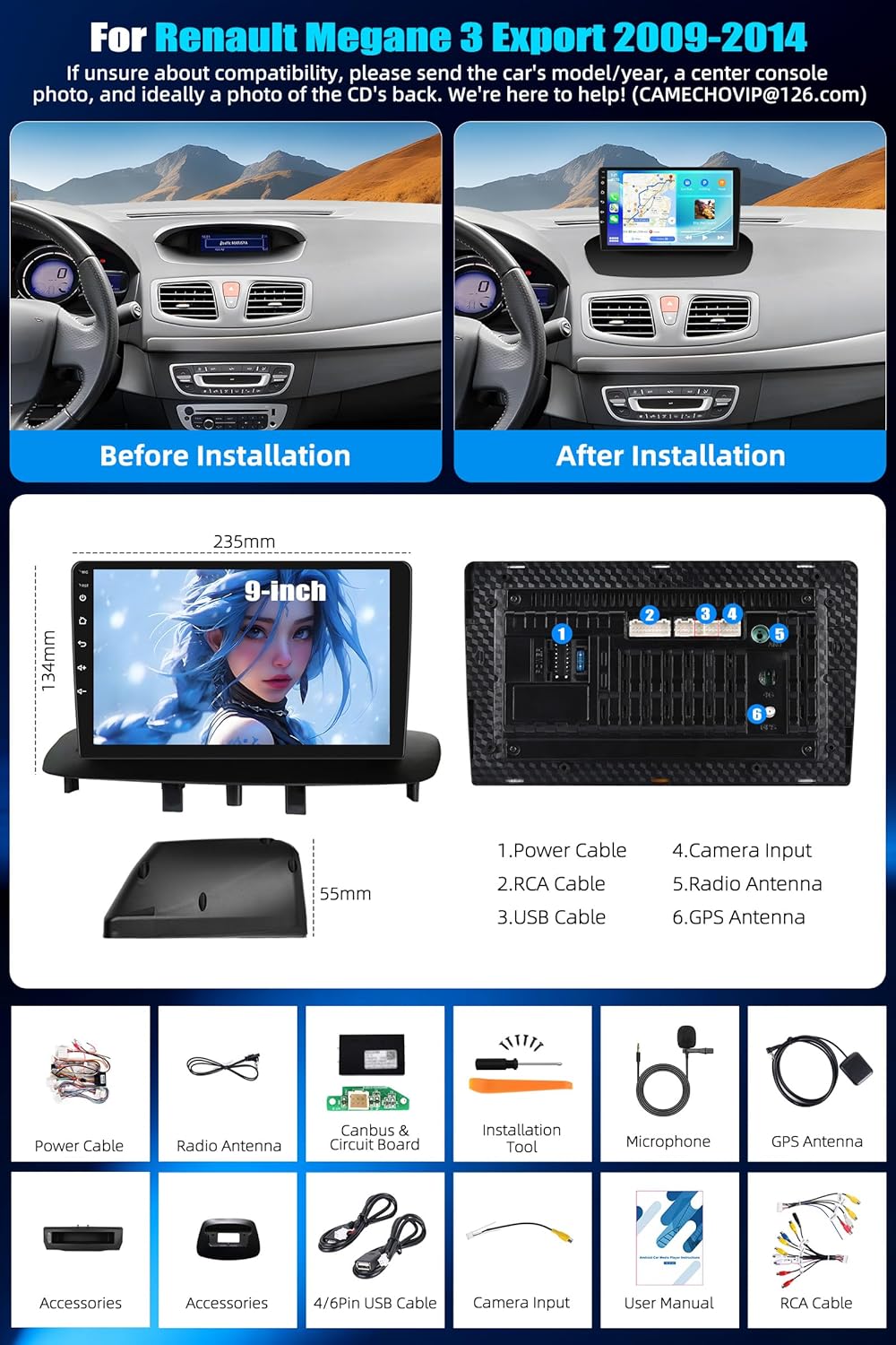 CAMECHO Android 15 2G+64G Autoradio für Renault Megane 3 Export 2009-2014 mit Carplay Android Auto N