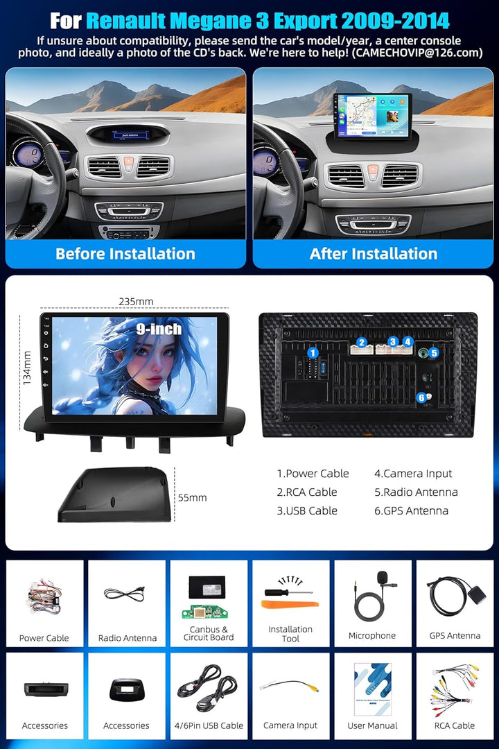 CAMECHO Android 15 2G+64G Autoradio für Renault Megane 3 Export 2009-2014 mit Carplay Android Auto N