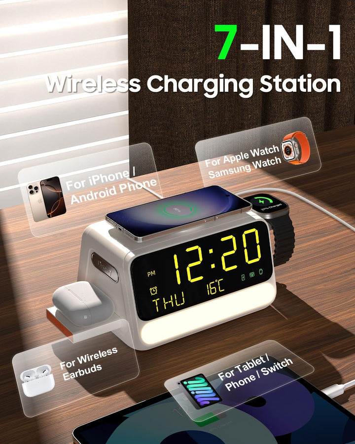 7-in-1 kabellose Ladestation mit Wecker, sprachgesteuertem Nachtlicht, Temperatur &amp; Datum, inklusive