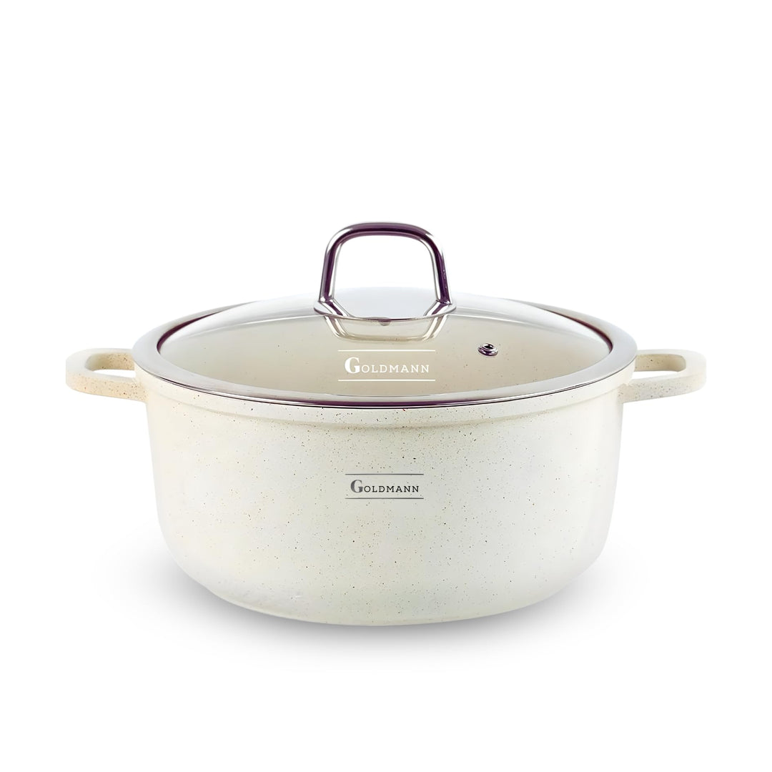GOLDMANN Premium Gussaluminium Kochtopf 28 CM (6.5L) – Keramik-Marmor Antihaft-Kasserolle mit Glasde