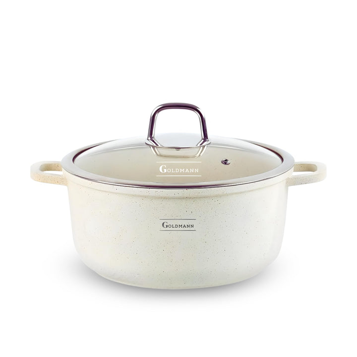 GOLDMANN Premium Gussaluminium Kochtopf 20 CM (2.3L) – Keramik-Marmor Antihaft-Kasserolle mit Glasde