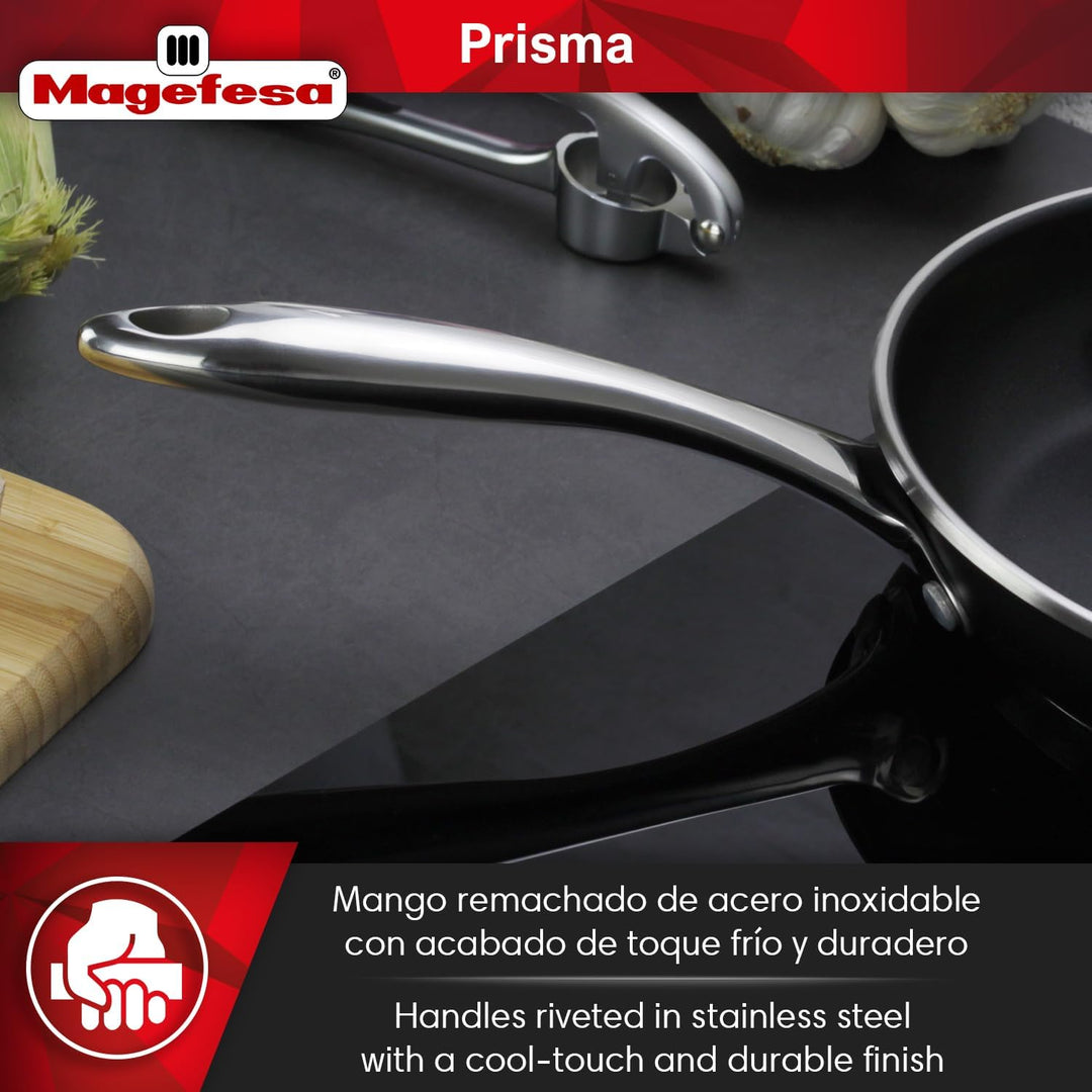 Magefesa Prisma – Pfannenset 24 + 28 cm + Frischhaltedose 24,5 cm, Edelstahl 18/10, Dreifach-Antihaf