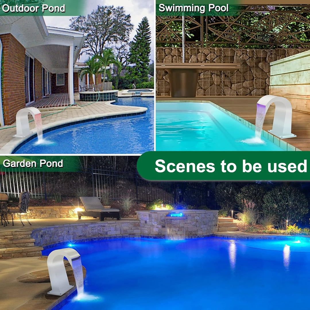LONGRUN Pool Wasserfall Brunnen, 19x42.5x25cm Edelstahl Teich Wasserfall Überlauf mit 7 Farben LED,