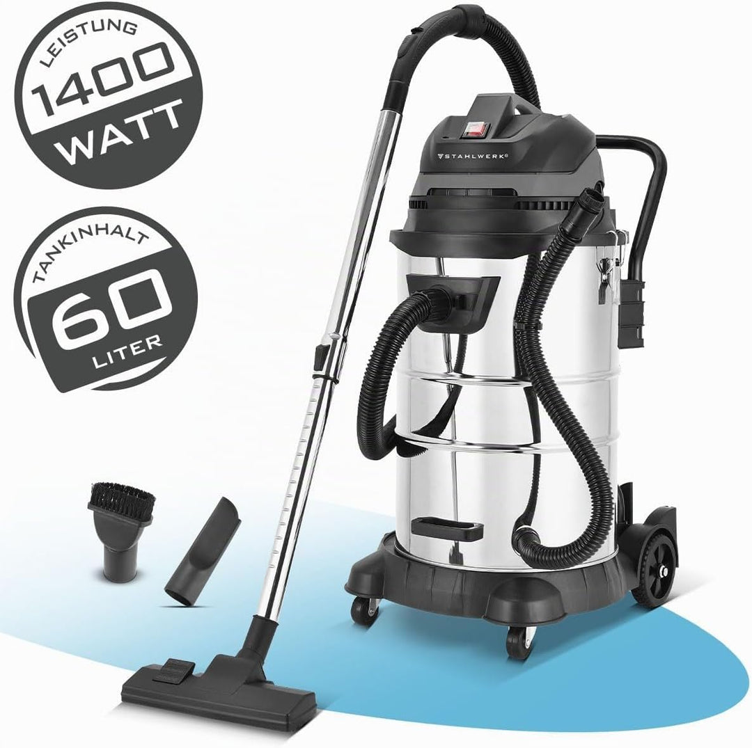 STAHLWERK Nass- und Trockensauger VCL-1400 ST – 1400 W Industriesauger mit 60 L Metallbehälter, Blas