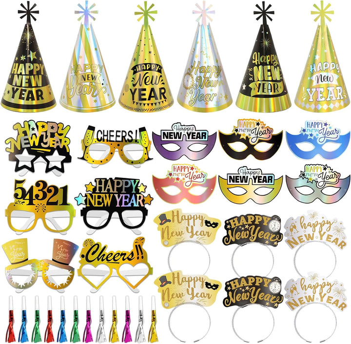 DPKOW Silvester Deko, Silvester Partyhüte Haarreif Partybrille Set Schwarz Gold Silber Farbe, Schwar
